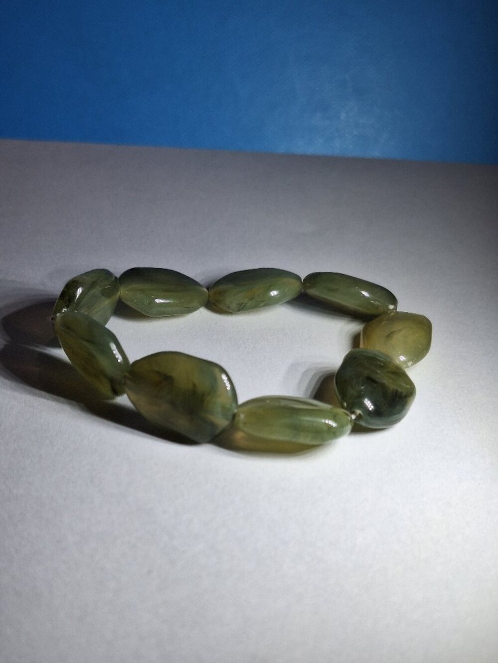 Olive Green Jade-like Bracelet Beaded Plastic Boho Hippy Fairy Granola 7 inches